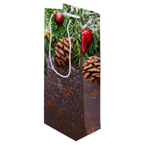 Rustic Christmas Table with Pine  Snow Wine Gift Bag