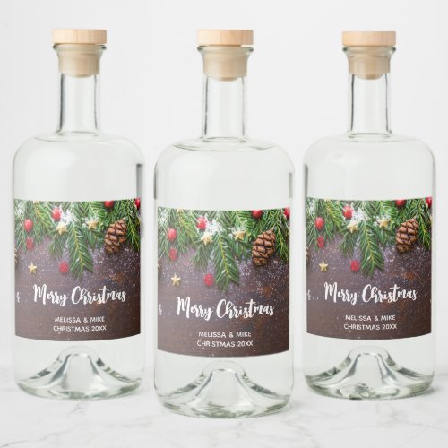  Rustic Christmas Table with Pine  Snow Wine Liquor Bottle Label