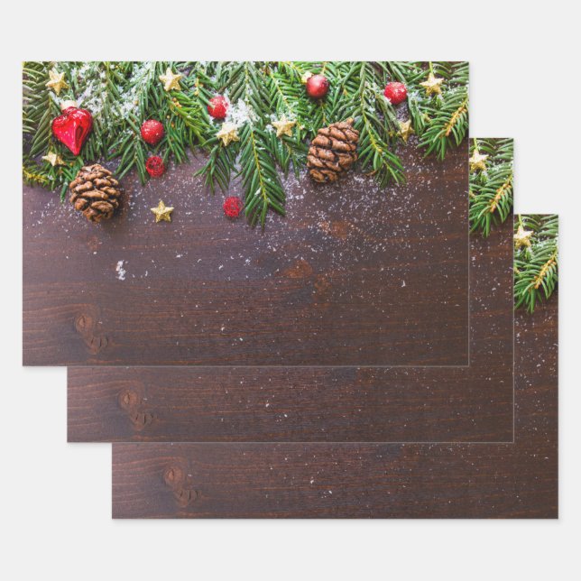 Rustic Christmas Table with Pine & Snow Wrapping Paper Sheets (Set)