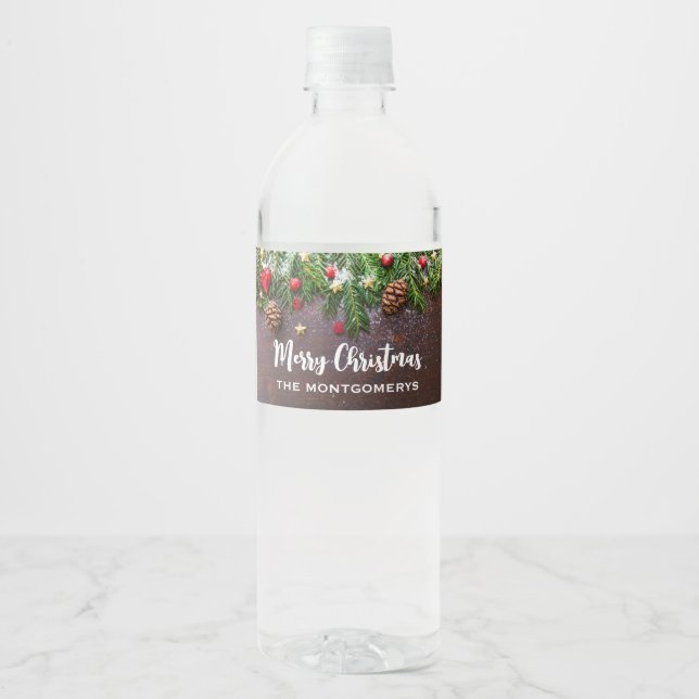 Rustic Christmas Table with Pine & Snow Xmas Water Bottle Label (Front)