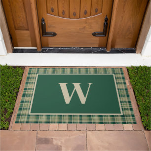 Rustic Christmas Tan & Green Monogram Doormat