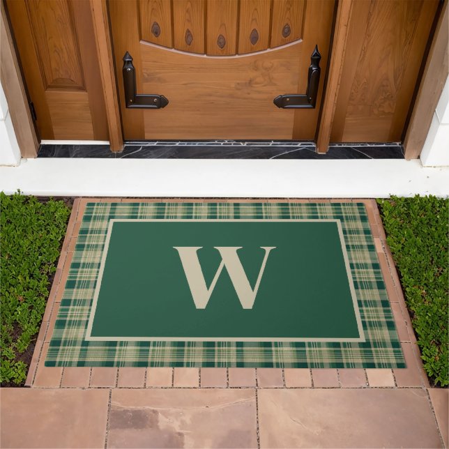 Rustic Christmas Tan & Green Monogram Doormat (Outdoor)