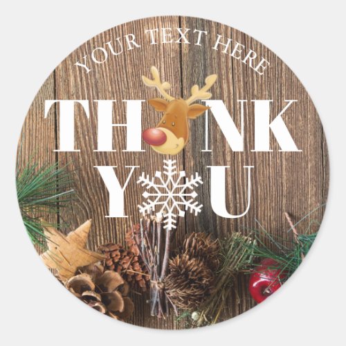 Rustic Christmas Thank You Deer and Snowflake Classic Round Sticker