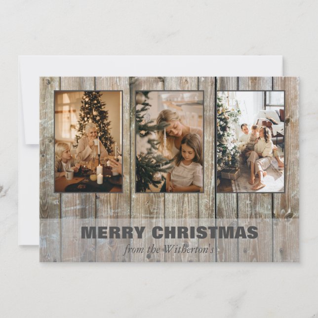Rustic Christmas Three Photo Collage Holiday Card (Front)