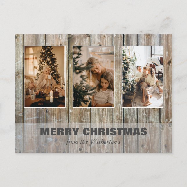 Rustic Christmas Three Photo Collage Holiday Card (Front)