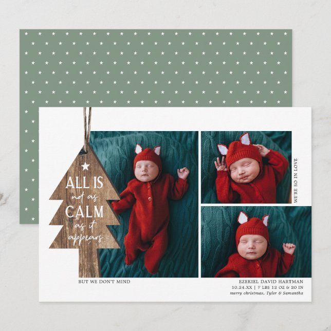 Rustic Christmas Tree 3 Photo Birth Announcement (Front/Back)