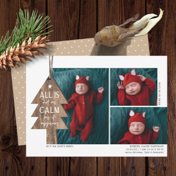 Rustic Christmas Tree 3 Photo Birth Announcement by Orabella at Zazzle