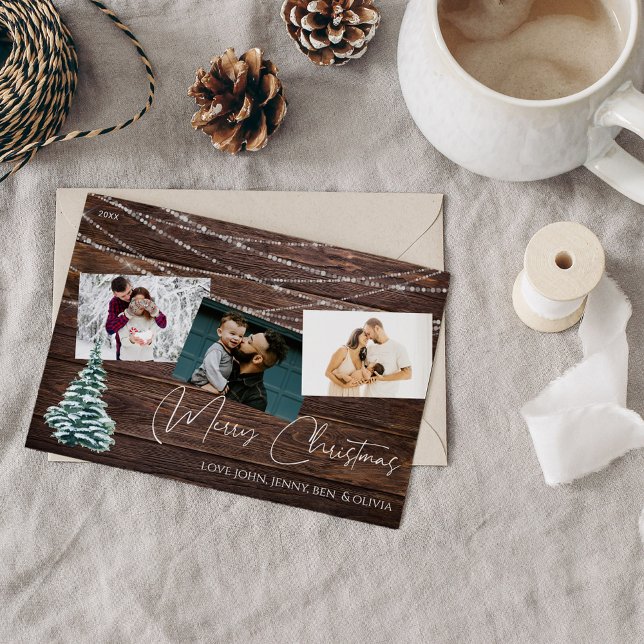 Rustic Christmas Tree 3 Photo & Lights, Wood Card (Creator Uploaded)