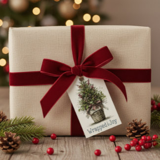Rustic Christmas Tree Basket "Wrapped in Joy" Gift Tags