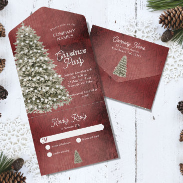 Rustic Christmas Tree Company Party Holiday Red All In One Invitation