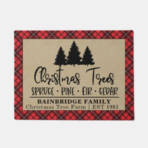 Rustic Christmas Tree Farm Red Plaid Family Name Doormat