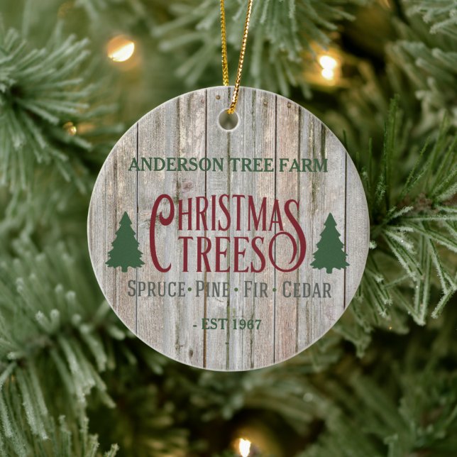 Rustic Christmas Tree Farm Your Name Ceramic Ornament (Tree)