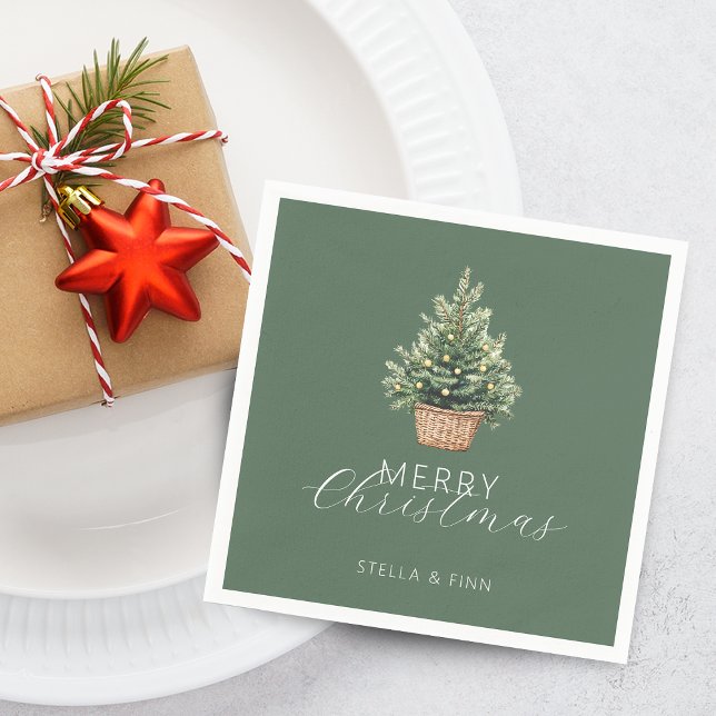 Rustic Christmas Tree In Basket Dusty Green Napkins (Rustic Christmas Tree In Basket Dusty Green Napkins)