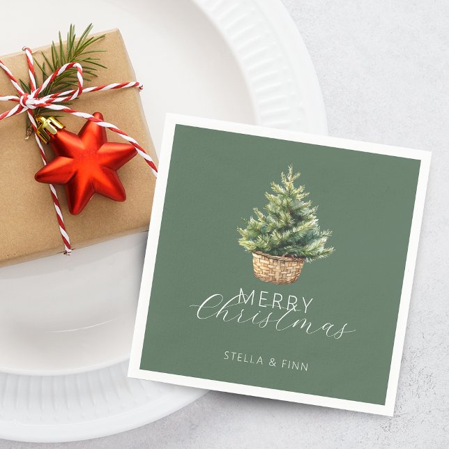 Rustic Christmas Tree In Basket Dusty Green Napkins (Rustic Christmas Tree In Basket Dusty Green Napkins)
