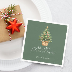 Rustic Christmas Tree In Basket Dusty Green Napkins