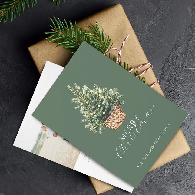Rustic Christmas Tree In Basket Photo Flat Holiday Card (Rustic Christmas Tree In Basket Flat Holiday Card)
