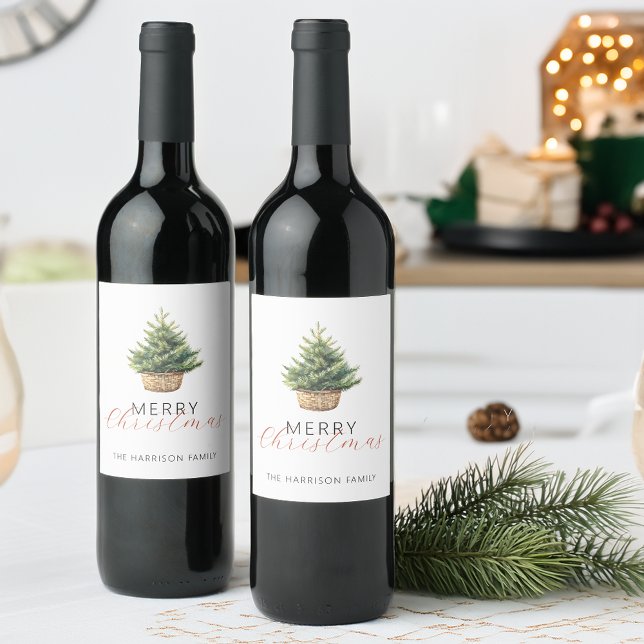 Rustic Christmas Tree In Basket Wine Label (Rustic Christmas Tree In Basket Wine Label)