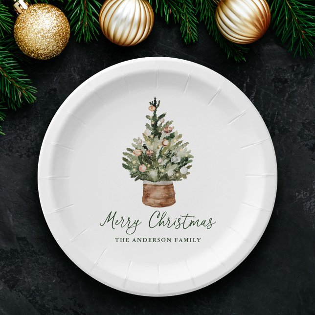 Rustic Christmas Tree Ornaments Neutral Holiday Paper Plates (Creator Uploaded)