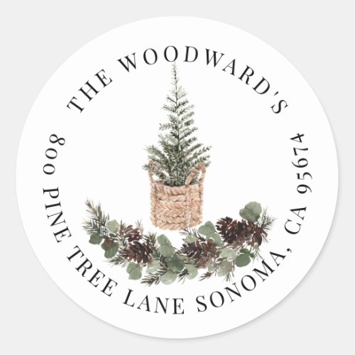 Rustic Christmas Tree Pine Boughs Return Address  Classic Round Sticker