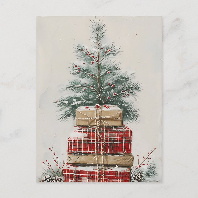 Rustic Christmas Tree & Plaid Gift Stack  Holiday Postcard (Front)