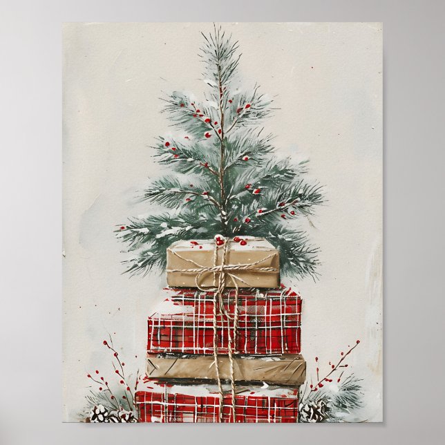 Rustic Christmas Tree & Plaid Gift Stack  Poster (Front)