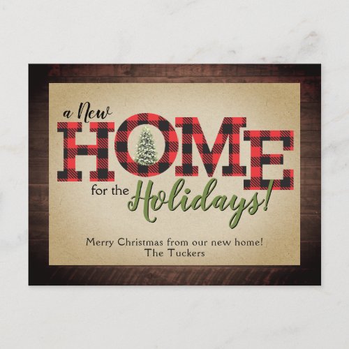 Rustic Christmas Tree Plaid Wood New HOME Moving P Postcard