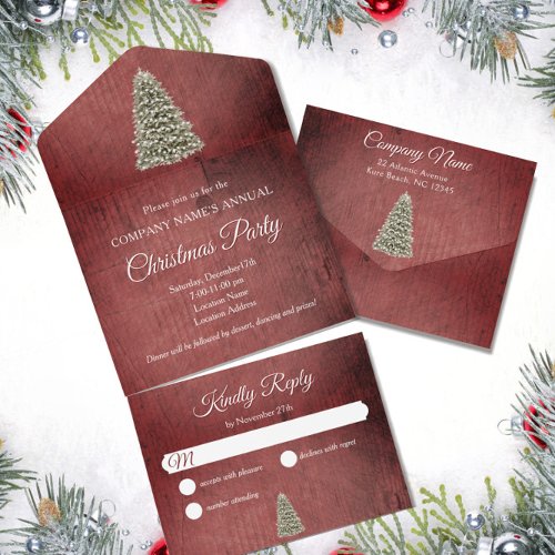 Rustic Christmas Tree Red Company Holiday Party All In One Invitation