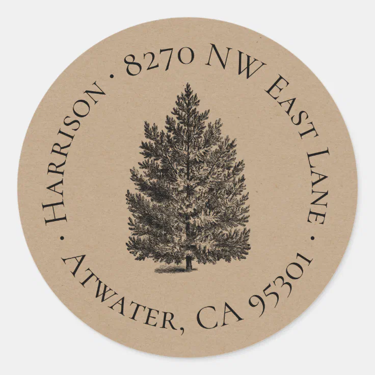 Rustic Christmas Tree Round Return Address Label | Zazzle