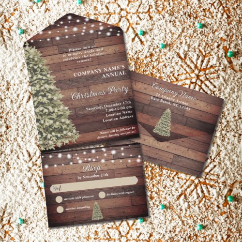 Rustic Christmas Tree String Lights Company Party All In One Invitation