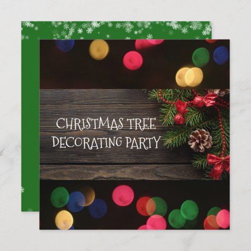 Rustic Christmas Tree Trimming Party Bokeh Lights Invitation