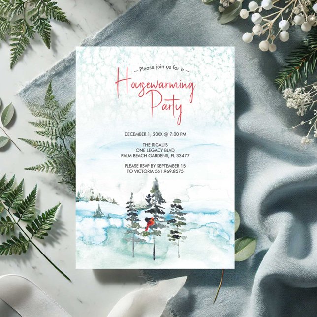 Rustic Christmas Trees Housewarming Party Invitati Holiday Card (Housewarming party invitations rustic winter watercolor scene by Victoria Grigaliunas)