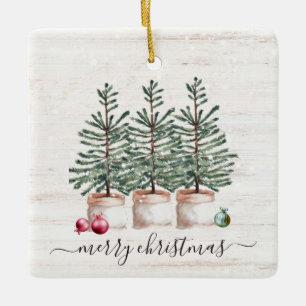 Rustic Christmas Trees Merry Christmas Ceramic Ornament