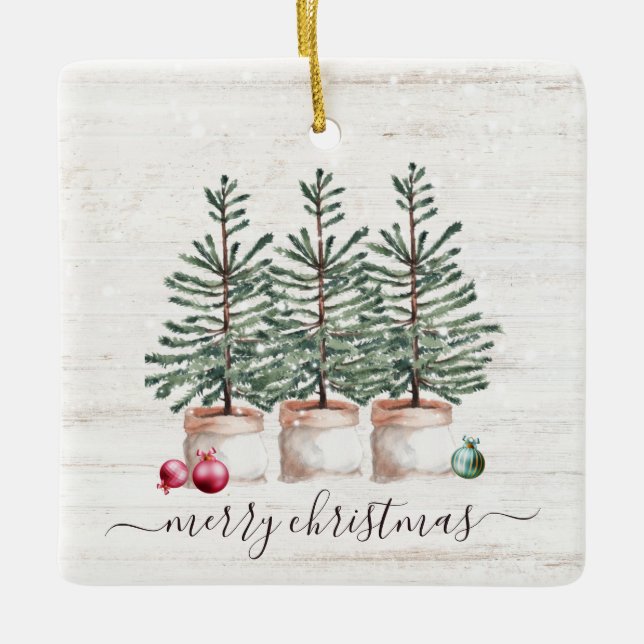 Rustic Christmas Trees Merry Christmas  Ceramic Ornament (Front)
