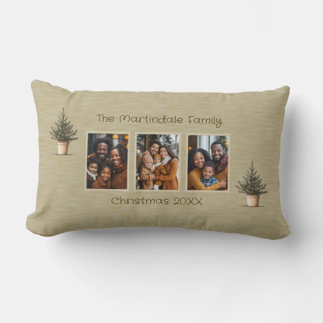 Rustic Christmas Trees Three Photo Personalized  Lumbar Pillow (Front)