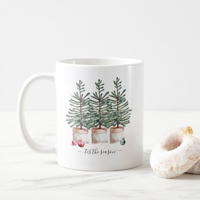 Rustic Christmas Trees Tis The Season Coffee Mug (With Donut)