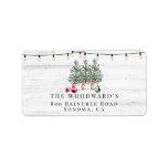 Rustic Christmas Trees Wood String Lights Address Label<br><div class="desc">A rustic modern celebratory watercolor holiday Christmas holiday return address label,  with festive string lights,  Christmas trees and ornaments against a wood background.</div>