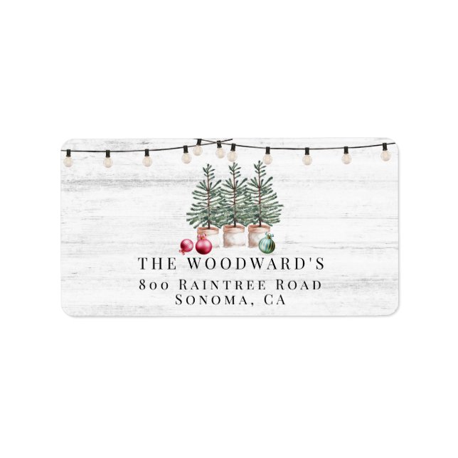 Rustic Christmas Trees Wood String Lights Address Label (Front)