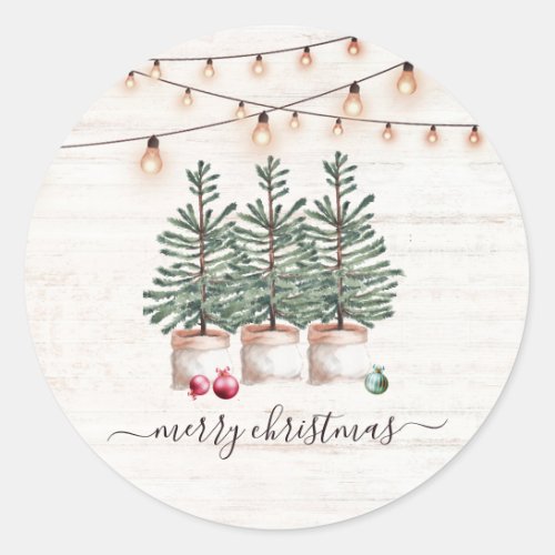 Rustic Christmas Trees Wood String Lights Classic Round Sticker