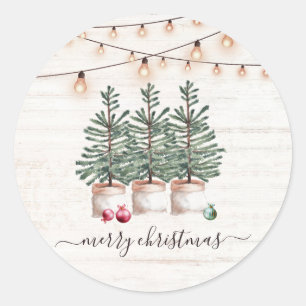 Rustic Christmas Trees Wood String Lights Classic Round Sticker