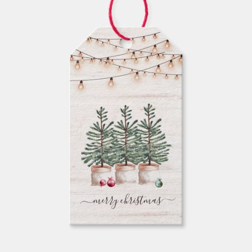 Rustic Christmas Trees Wood String Lights Gift Tags