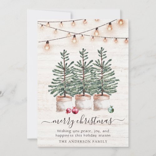 Rustic Christmas Trees Wood String Lights Holiday Card