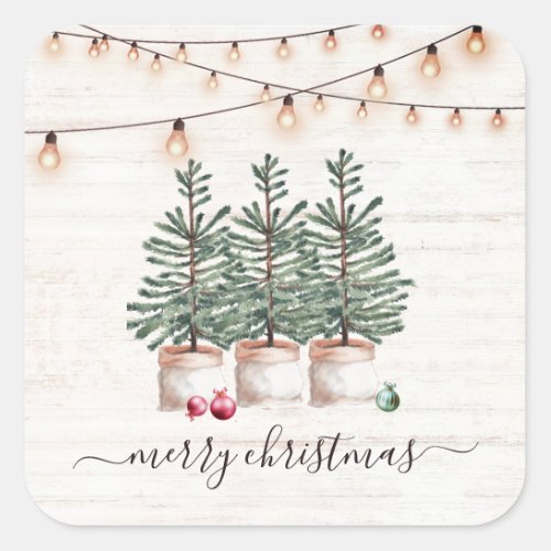 Rustic Christmas Trees Wood String Lights Square Sticker
