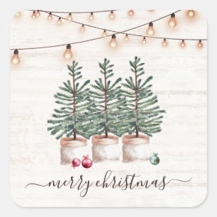 Rustic Christmas Trees Wood String Lights Square Sticker