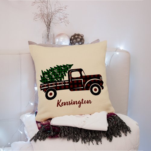 Rustic Christmas Truck Buffalo Plaid Family Name Throw Pillow