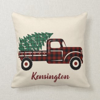 Rustic Christmas Truck Buffalo Plaid Family Name Throw Pillow