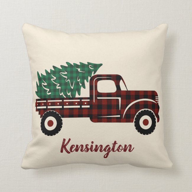 Rustic Christmas Truck Buffalo Plaid Family Name Throw Pillow