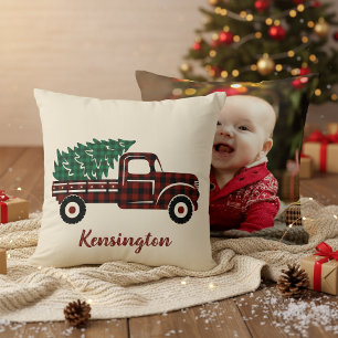 Rustic Christmas Truck Buffalo Plaid Photo Throw Pillow
