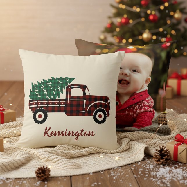 Rustic Christmas Truck Buffalo Plaid Photo Throw Pillow (Creator Uploaded)