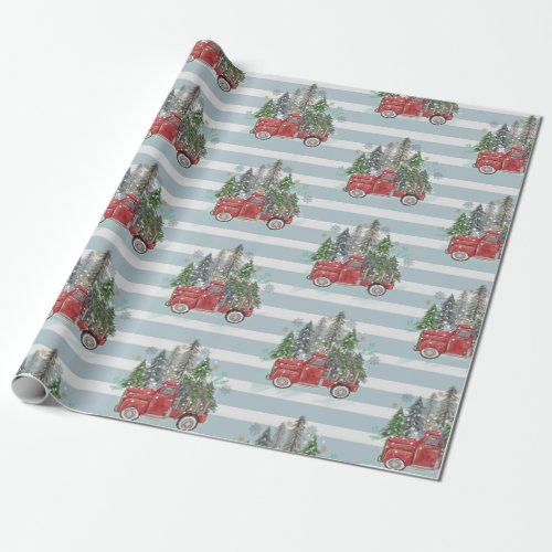 Rustic Christmas truck Trees Blue Striped Wrapping Paper