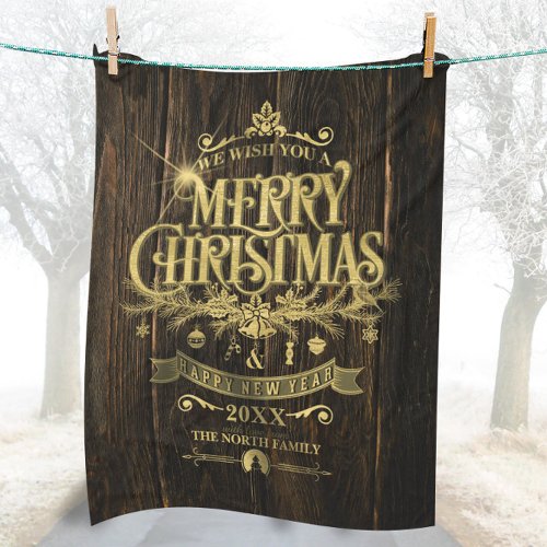 Rustic Christmas Typography Gold ID550 Fleece Blanket